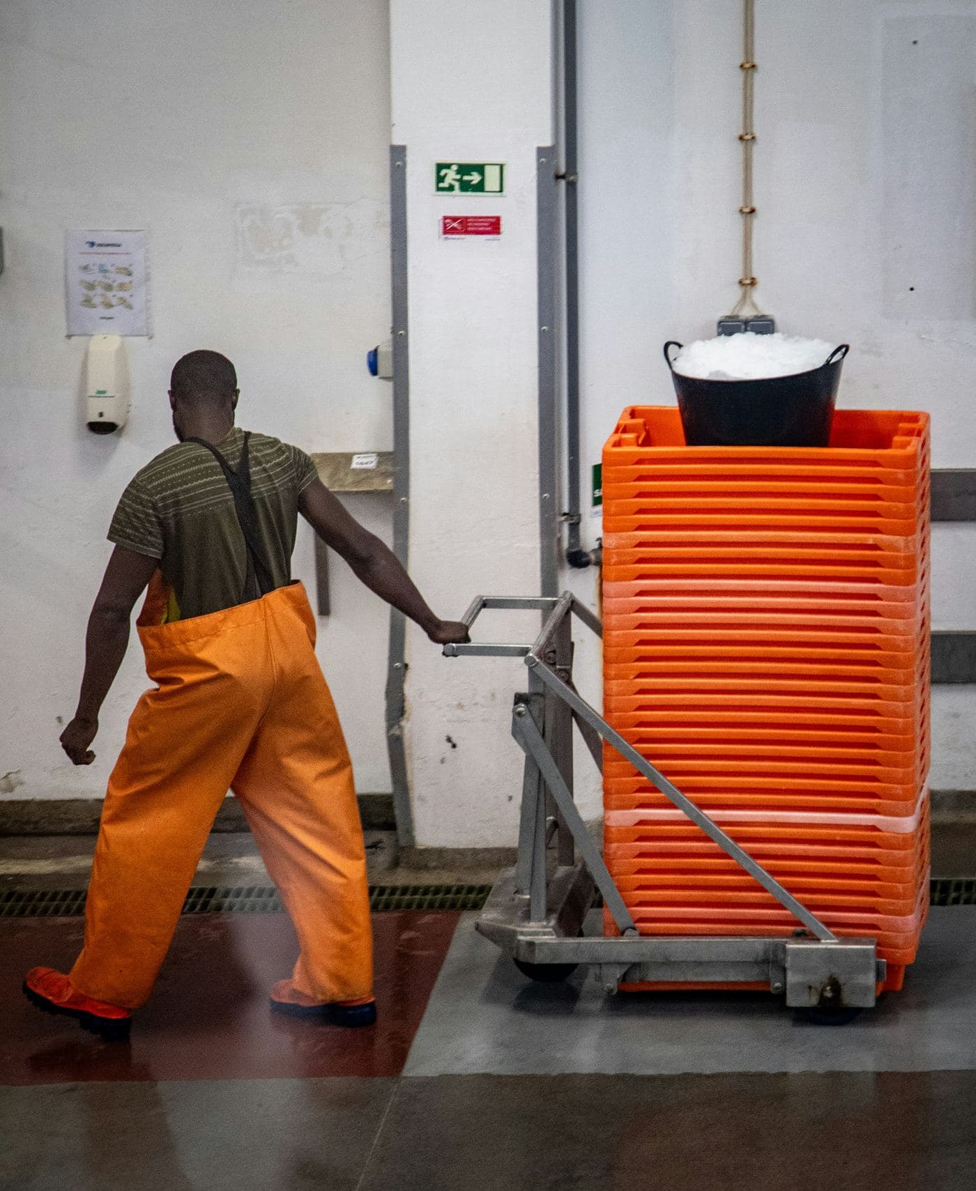 A worker moves supplies in a food processing facility